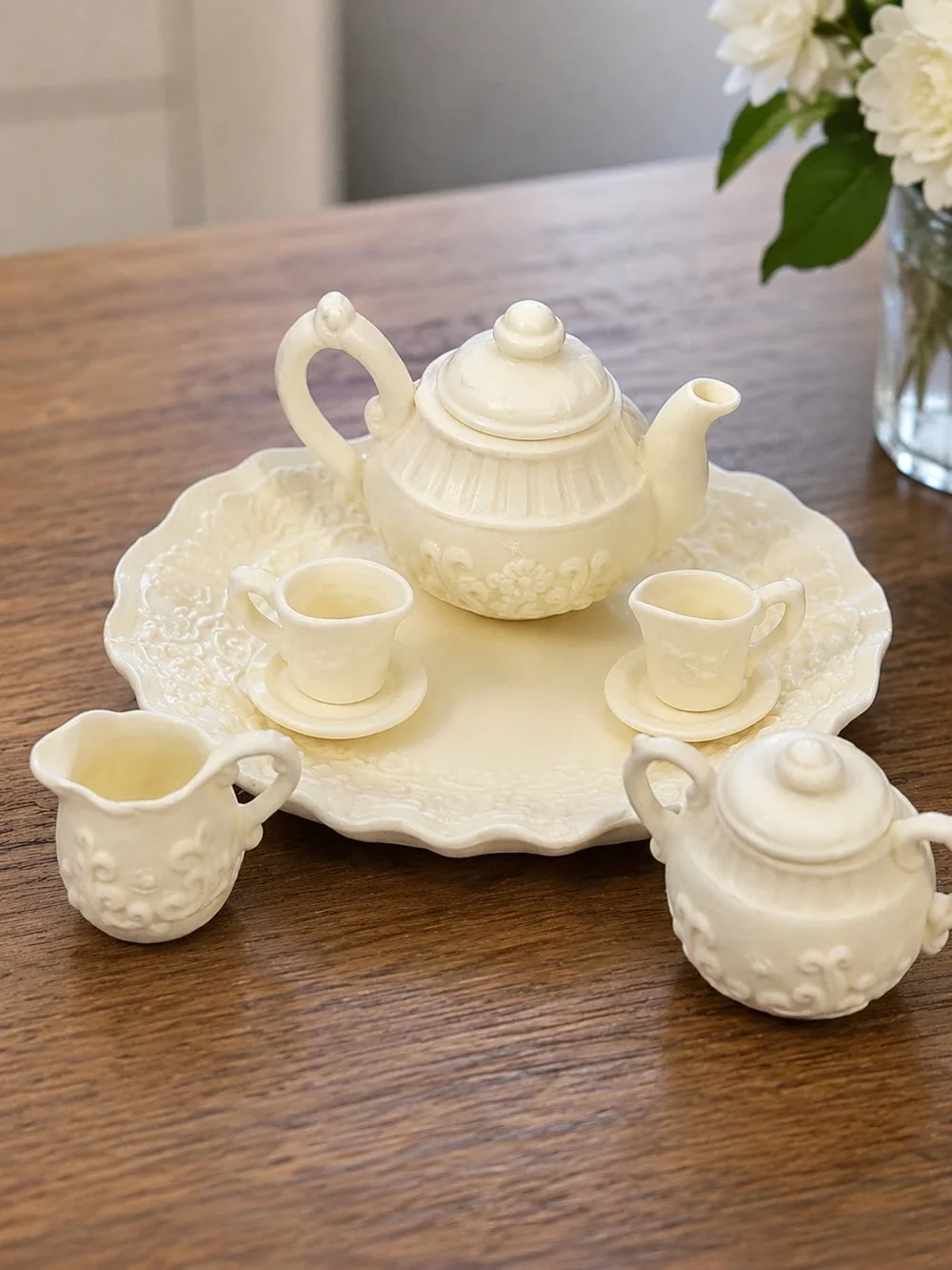 Vintage Young Shiun Miniature Tea Set White Porcelain Teapot Tray Cups...